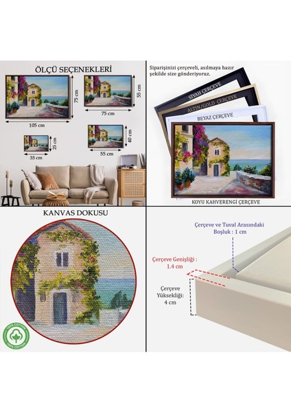 Çerçeveli Santorinide Deniz Manzaralı Ev Kanvas Duvar TABLOSU-1186 indirimleri