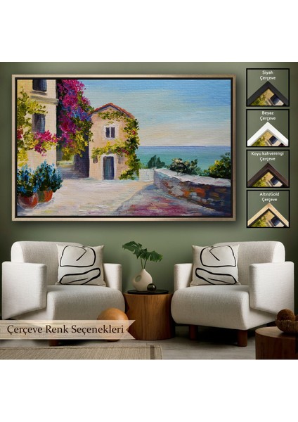 Çerçeveli Santorinide Deniz Manzaralı Ev Kanvas Duvar TABLOSU-1186