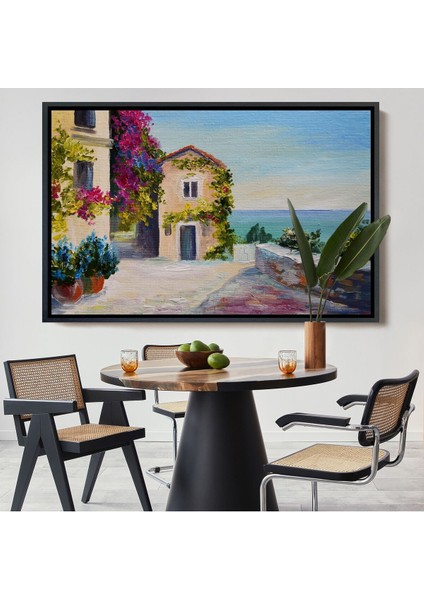 Çerçeveli Santorinide Deniz Manzaralı Ev Kanvas Duvar TABLOSU-1186
