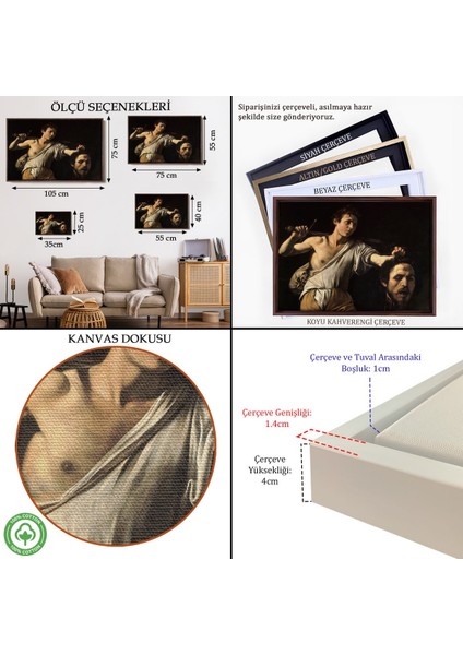 Çerçeveli Caravaggio - David With The Head Of Goliath, Davud Goliath'ın Başı TABLOSU-7066 indirimleri