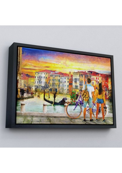 Çerçeveli Venedik Kanalına Bakan Romantik Çift Yağlıboya Görünüm Kanvas TABLOSU-3625