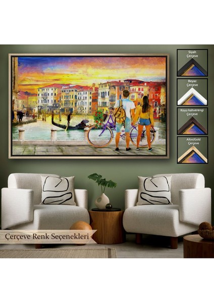 Çerçeveli Venedik Kanalına Bakan Romantik Çift Yağlıboya Görünüm Kanvas TABLOSU-3625