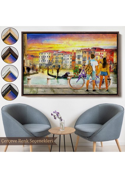 Çerçeveli Venedik Kanalına Bakan Romantik Çift Yağlıboya Görünüm Kanvas TABLOSU-3625