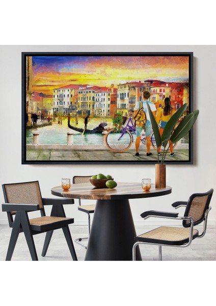Çerçeveli Venedik Kanalına Bakan Romantik Çift Yağlıboya Görünüm Kanvas TABLOSU-3625