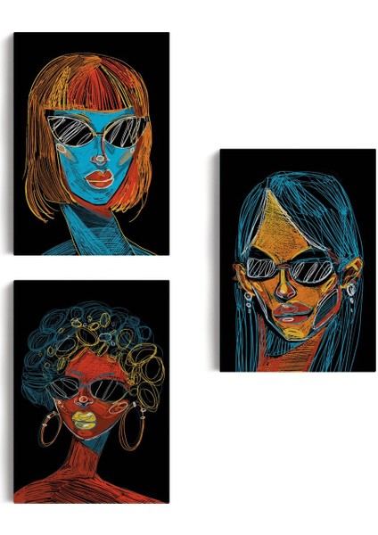 Renkli Pop Art Kadınlar Dekoratif Duvar Tablosu Üçlü SET-EU-120