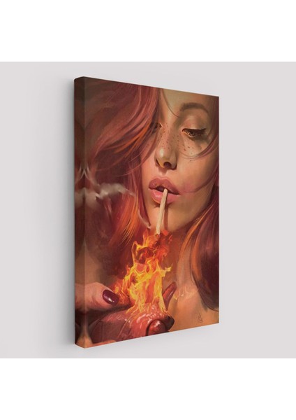 Platonik Aşkın Tavrı Sigarasını Yanan Bir Kalpten Yakan Kadın Kanvas TABLO-5247