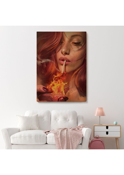 Platonik Aşkın Tavrı Sigarasını Yanan Bir Kalpten Yakan Kadın Kanvas TABLO-5247 fiyatları