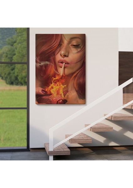 Platonik Aşkın Tavrı Sigarasını Yanan Bir Kalpten Yakan Kadın Kanvas TABLO-5247 fırsatları