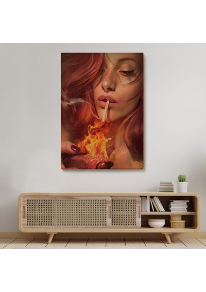 Platonik Aşkın Tavrı Sigarasını Yanan Bir Kalpten Yakan Kadın Kanvas TABLO-5247