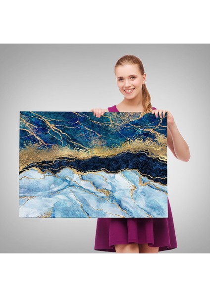 Mavi ve Gold'un Müthiş Uyumu Mermer Görünümlü Modern Kanvas TABLO-5061 fırsatları
