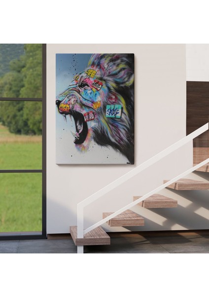 Renkli Kükreyen Aslan Kanvas Tablo, Pop Art, Sokak SANATI-5316 fırsatları