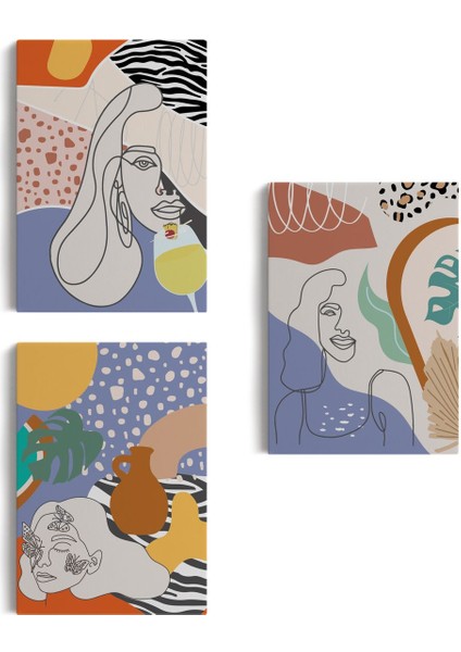 Zarif Kadın Fifürü ve Yapraklar Temalı Dekoratif Duvar Tablosu Üçlü Set-Du-98