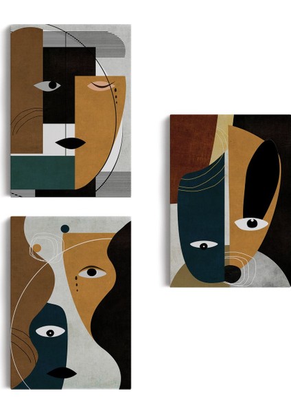Gerçeküstü Soyut Yüzler Dekoratif Duvar Tablosu Üçlü Set-Do-91