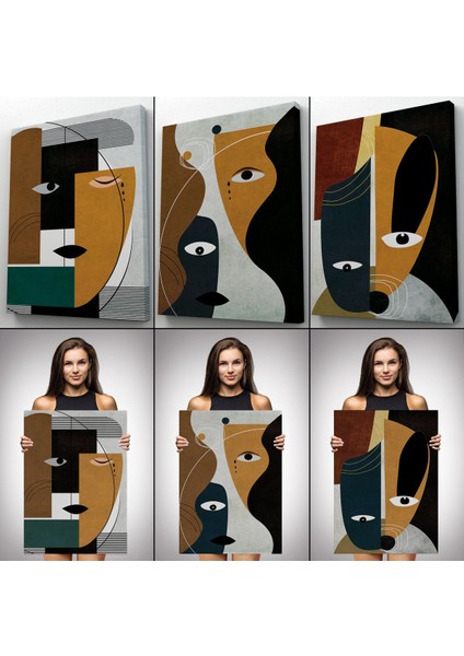 Gerçeküstü Soyut Yüzler Dekoratif Duvar Tablosu Üçlü Set-Do-91 modelleri