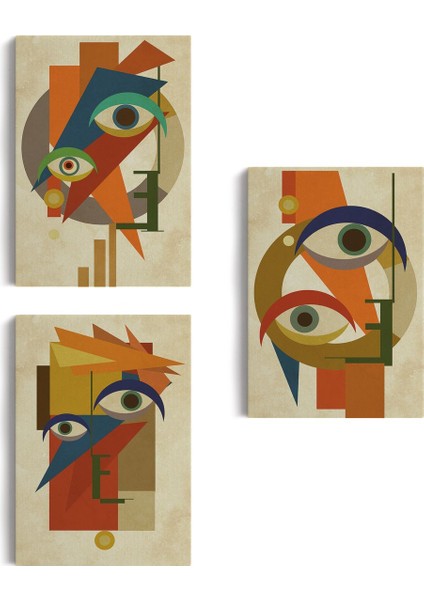 Sürreal Soyut Yüzler Dekoratif Duvar Tablosu Üçlü Set-Dn-90