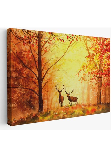 Sonbahar ve Ormandaki Geyikler Yağlıboya Görünüm Dekoratif TABLO-3643