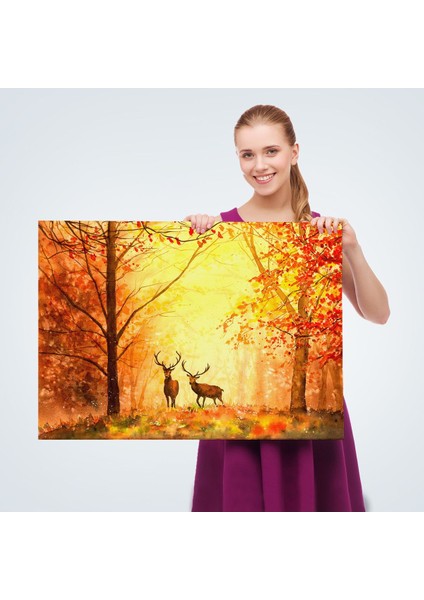 Sonbahar ve Ormandaki Geyikler Yağlıboya Görünüm Dekoratif TABLO-3643 fırsatları