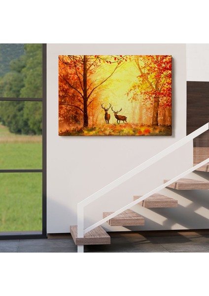 Sonbahar ve Ormandaki Geyikler Yağlıboya Görünüm Dekoratif TABLO-3643 indirimleri
