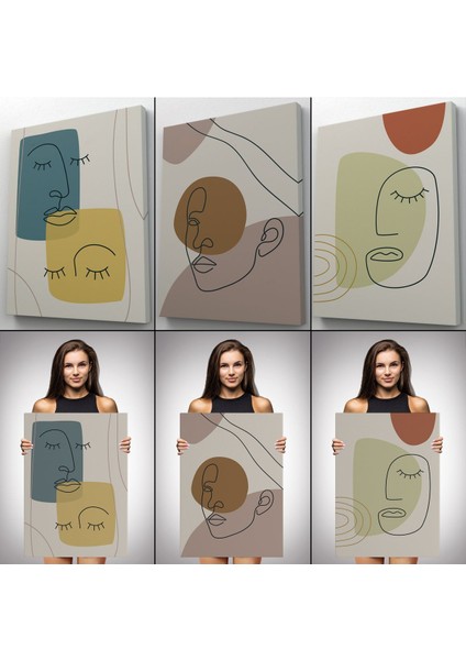 3’lü Tablo Minimal Şekiller ve Çizgi Sanat Yüzleri Soyut Sanat Tablo Seti-Ap-16 modelleri
