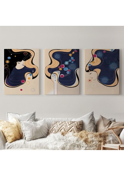 Mavi Ağırlıklı Zarif Kadınlar Duvar Tablosu Üçlü Set-Dk-88 fiyatları