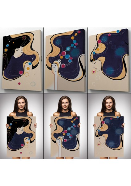 Mavi Ağırlıklı Zarif Kadınlar Duvar Tablosu Üçlü Set-Dk-88 modelleri