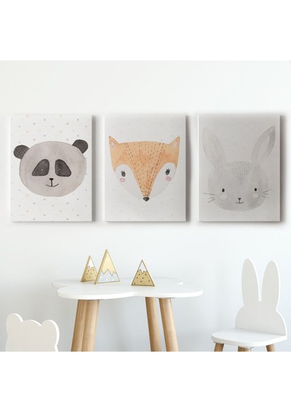 3’lü Tablo Sevimli Hayvanlar Suluboya Görünümlü Dekoratif Tablo Seti-Bü-47 fiyatları