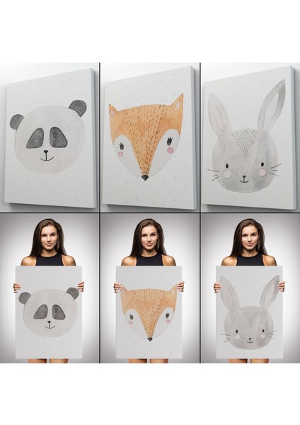 3’lü Tablo Sevimli Hayvanlar Suluboya Görünümlü Dekoratif Tablo Seti-Bü-47 modelleri