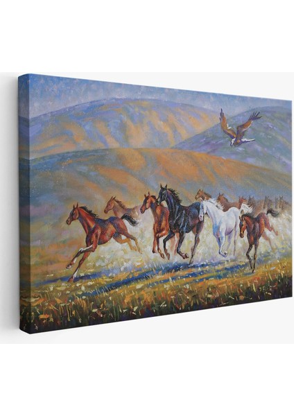 At Sürüsü ve Kartal Yağlıboya Görünüm Dekoratif Kanvas Duvar TABLOSU-3600