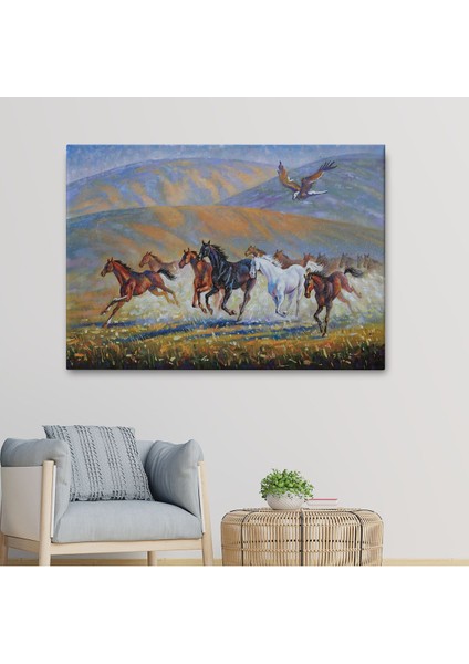 At Sürüsü ve Kartal Yağlıboya Görünüm Dekoratif Kanvas Duvar TABLOSU-3600 fiyatları