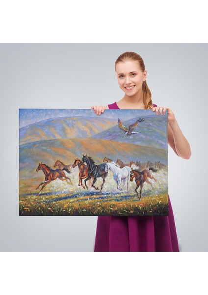 At Sürüsü ve Kartal Yağlıboya Görünüm Dekoratif Kanvas Duvar TABLOSU-3600 fırsatları