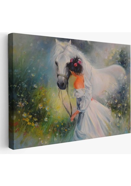 Bayaz At ve Sahibi Kız Yağlıboya Görünüm Dekoratif Kanvas Duvar TABLOSU-3539
