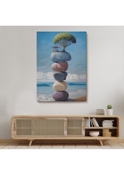 Sahilde Renkli Denge Taşları Kanvas Tablo, Terapi, Meditasyon, Yoga BASKISI-5322
