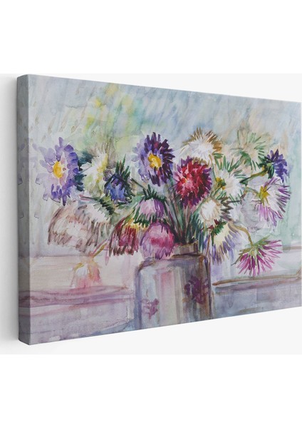 Aster Çiçeği Yağlı Boya Görünümlü Dekoratif Duvar TABLOSU-3456