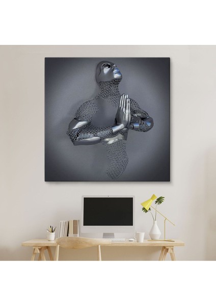 3D Efektli Gümüş Insan Kanvas Tablo, Metalik Efektli Romantik Vücut, Aşk SANATI-5354