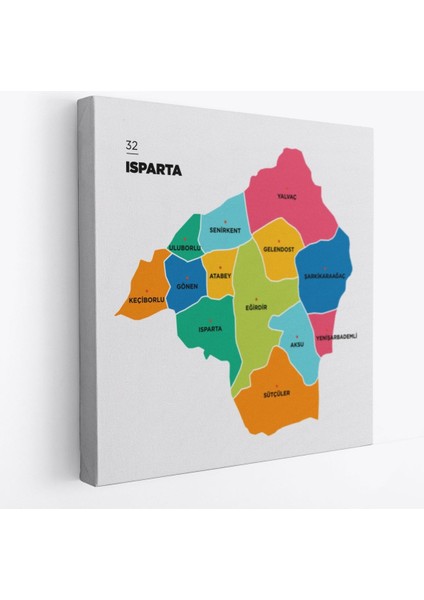 Isparta Ili ve Ilçeler Haritası Dekoratif Kanvas Tablo 1360