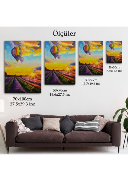 Lavanta Bahçesi Üzerinde Uçan Hava Balonu Yağlıboya Görünüm Kanvas Duvar TABLOSU-5940