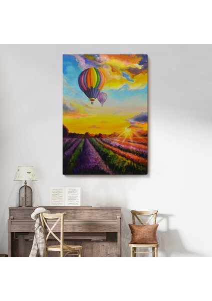 Lavanta Bahçesi Üzerinde Uçan Hava Balonu Yağlıboya Görünüm Kanvas Duvar TABLOSU-5940