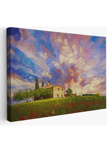 Toskana Italyadaki Kırmızı Gelincik Tarlası Yağlıboya Görünüm Kanvas TABLOSU-3697