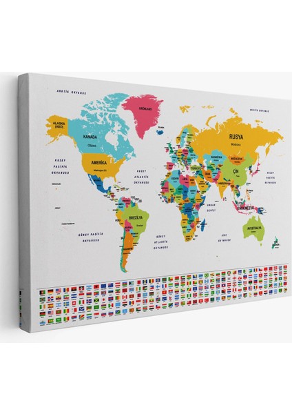 Türkçe Dünya Haritası Kanvas Tablo Ülke Bayraklı ve Dekoratif 2394