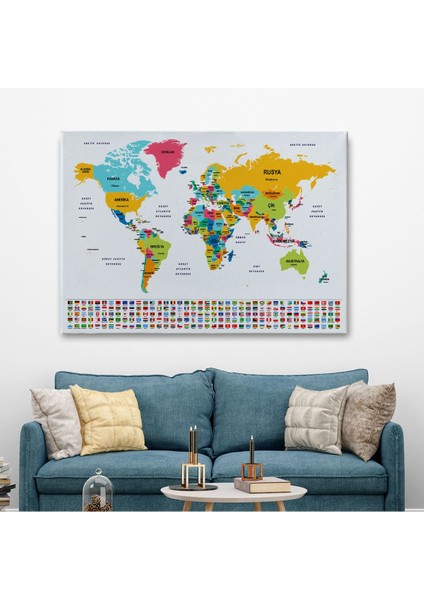 Türkçe Dünya Haritası Kanvas Tablo Ülke Bayraklı ve Dekoratif 2394 fiyatları