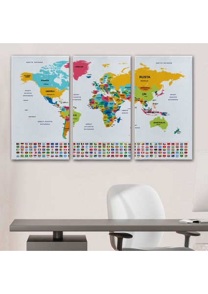 Türkçe Dünya Haritası Kanvas Tablo Ülke Bayraklı ve Dekoratif 2394 modelleri