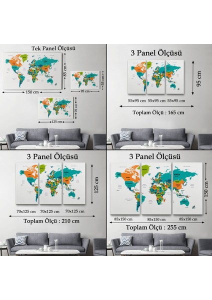 Dünya Haritası Dekoratif Kanvas Tablo Ülke ve Başkentli 1531