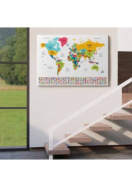Türkçe Dünya Haritası Kanvas Tablo Ülke Bayraklı ve Dekoratif 2394 indirimleri