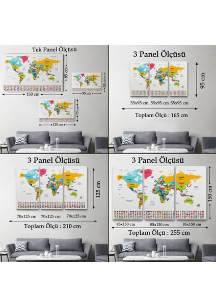 Türkçe Dünya Haritası Kanvas Tablo Ülke Bayraklı ve Dekoratif 2394