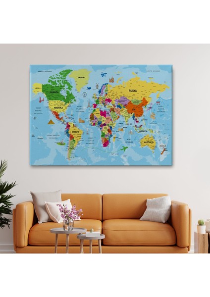 Türkçe Dünya Haritası Kanvas Tablo Son Derece Detaylı ve DEKORATIF-1995 fiyatları