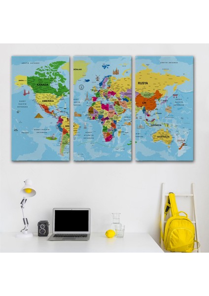 Türkçe Dünya Haritası Kanvas Tablo Son Derece Detaylı ve DEKORATIF-1995 modelleri