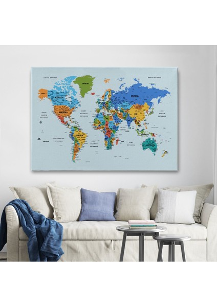 Türkçe Detaylı Dünya Haritası Dekoratif Renkli Zeminli Kanvas Tablo 1707 fiyatları