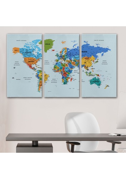 Türkçe Detaylı Dünya Haritası Dekoratif Renkli Zeminli Kanvas Tablo 1707 modelleri