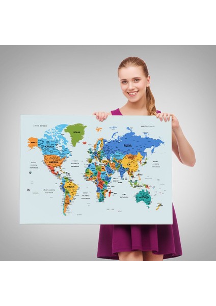 Türkçe Detaylı Dünya Haritası Dekoratif Renkli Zeminli Kanvas Tablo 1707 fırsatları