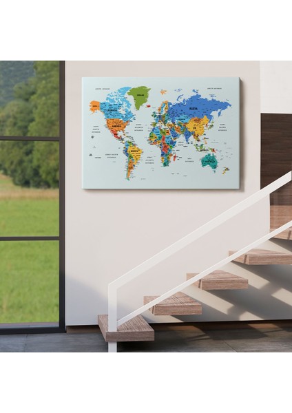Türkçe Detaylı Dünya Haritası Dekoratif Renkli Zeminli Kanvas Tablo 1707 indirimleri